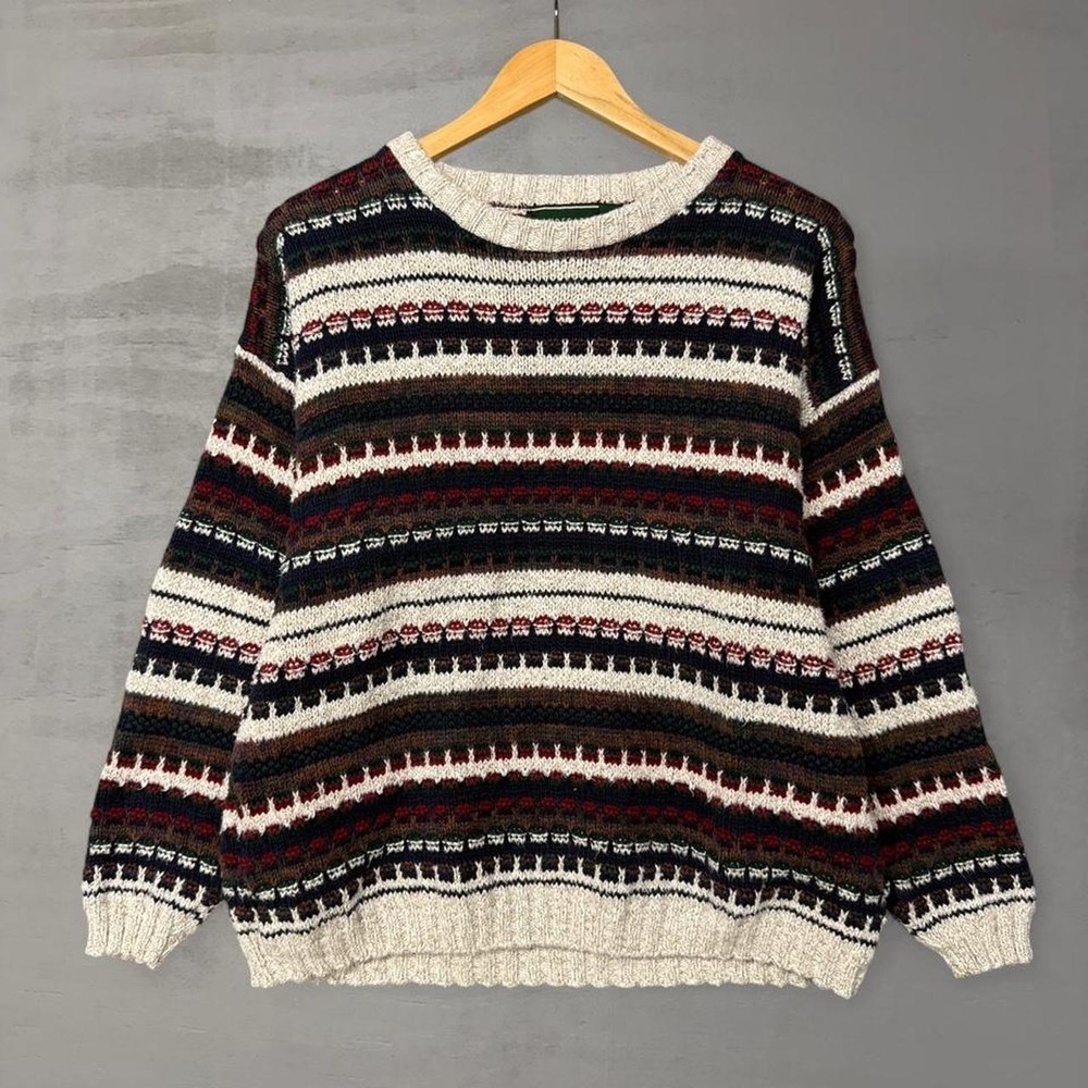 Vintage Landscape Knit Sweater Multi-Color Striped Geometric Made in USA Large